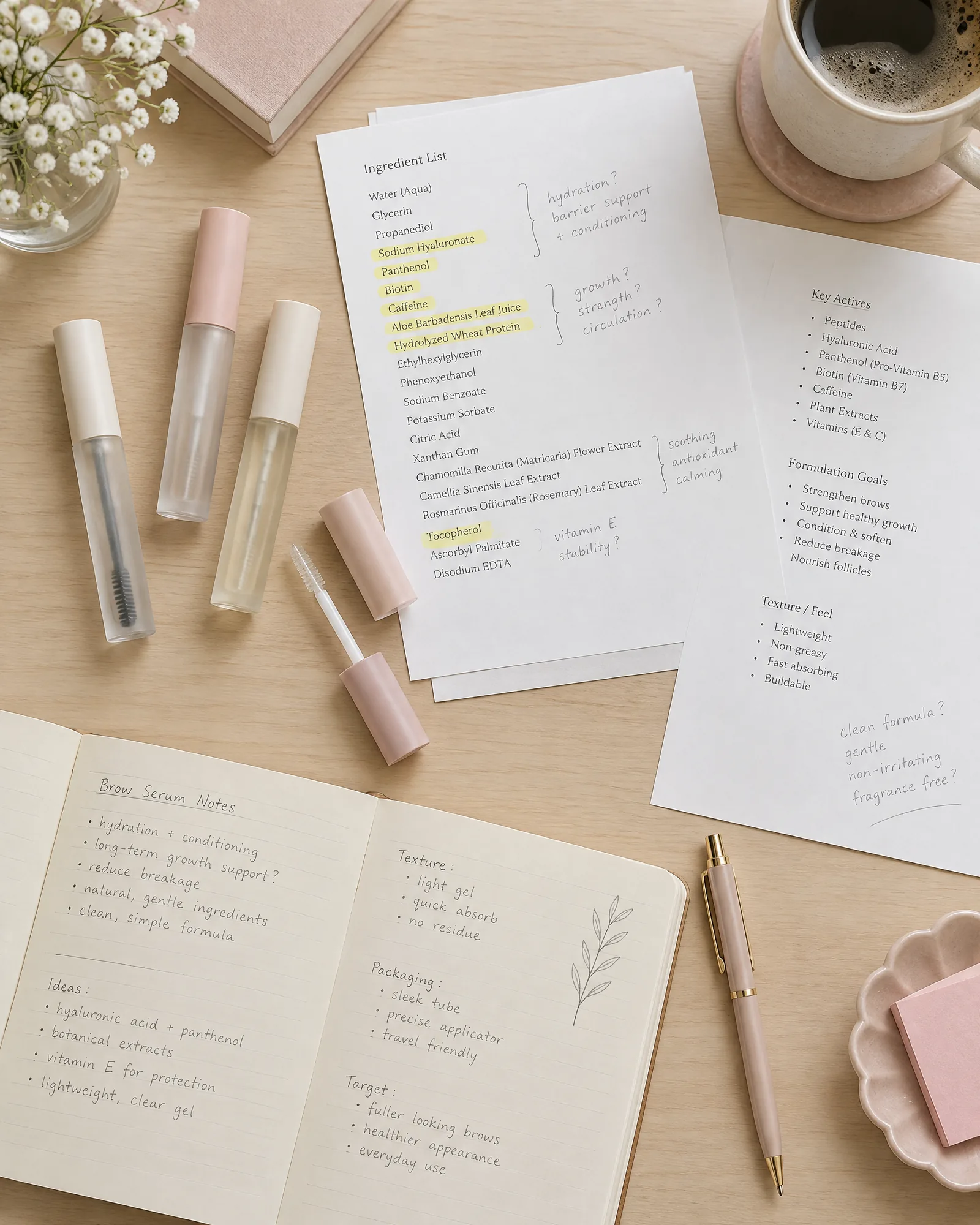 An editor’s desk with brow serum tubes, annotated ingredient lists and a notebook