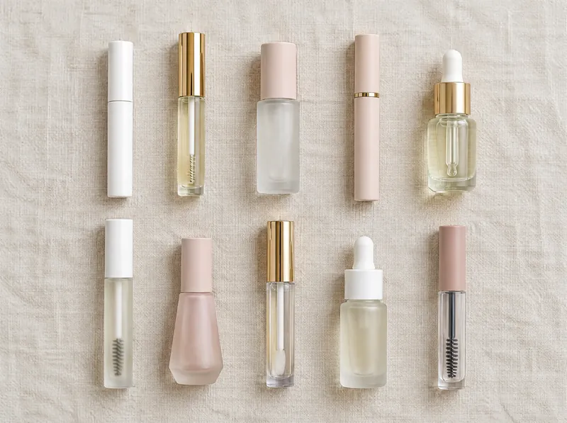 Flat lay of ten unbranded brow serum tubes on linen