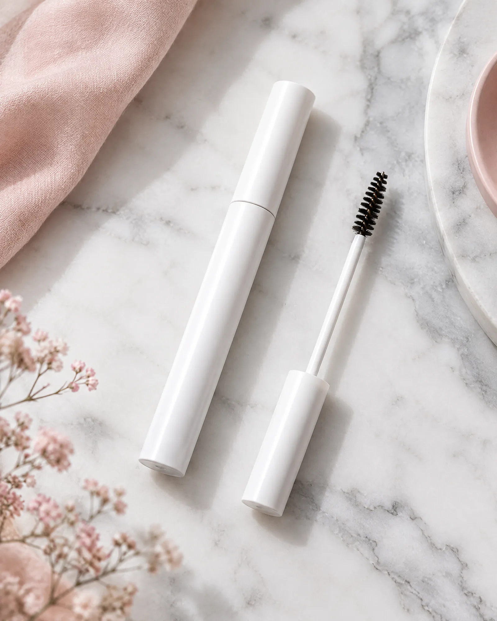 A white brow serum tube and a spoolie on marble