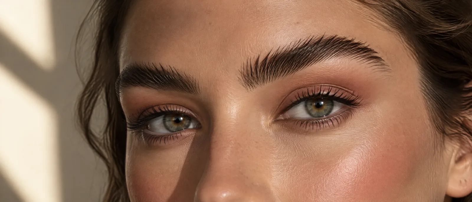 Wide photo of full, brushed-up natural eyebrows in side light
