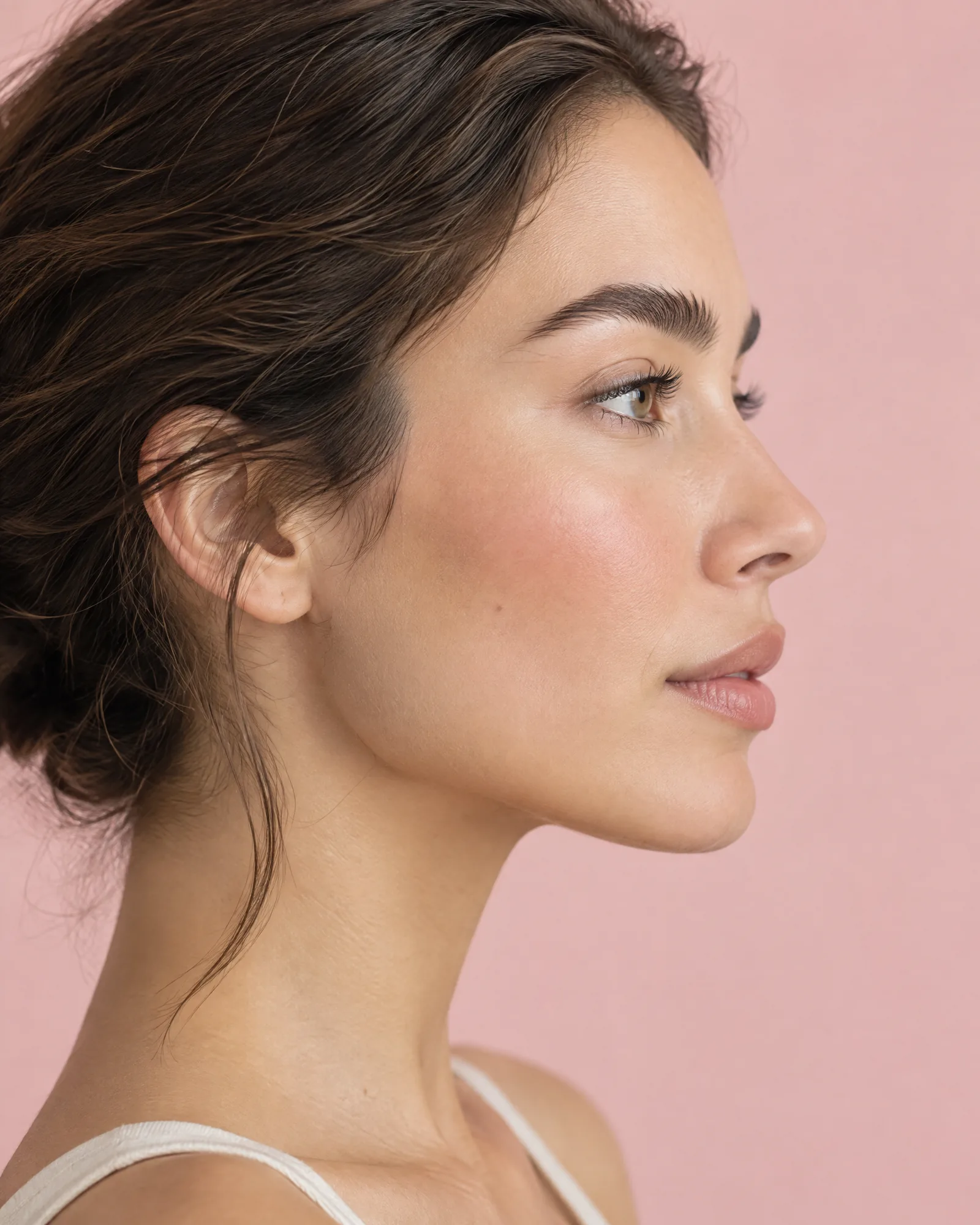 Side profile of a woman with natural, softly brushed eyebrows