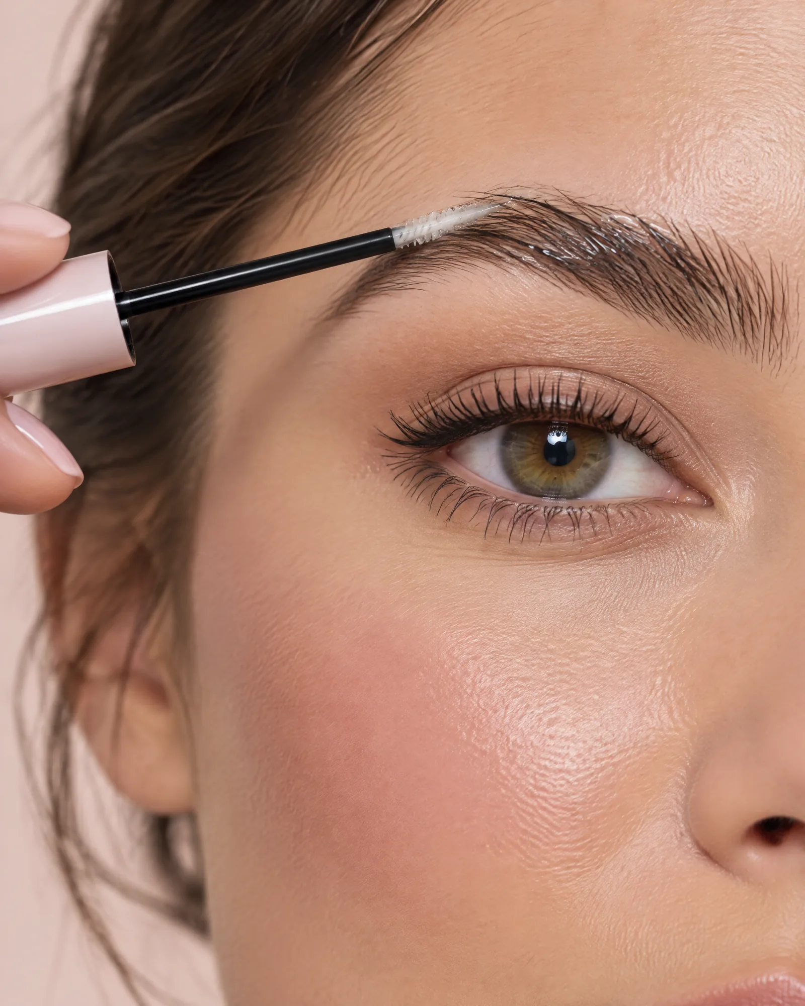 A brow serum wand drawn along a natural eyebrow