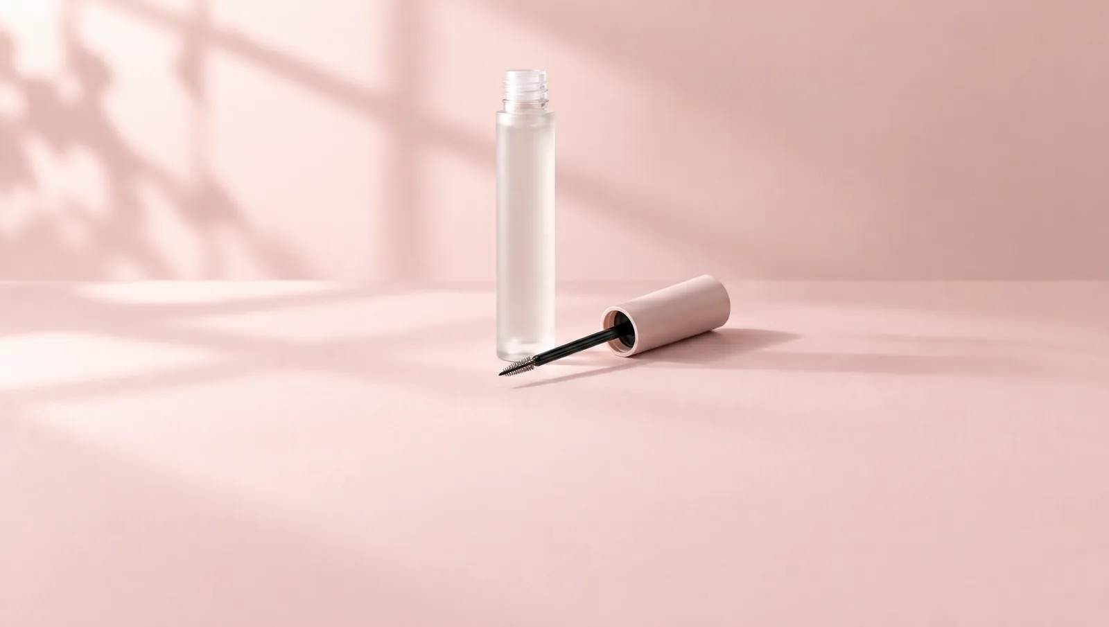 A slim frosted-glass eyebrow serum tube with its brush applicator on a soft backdrop