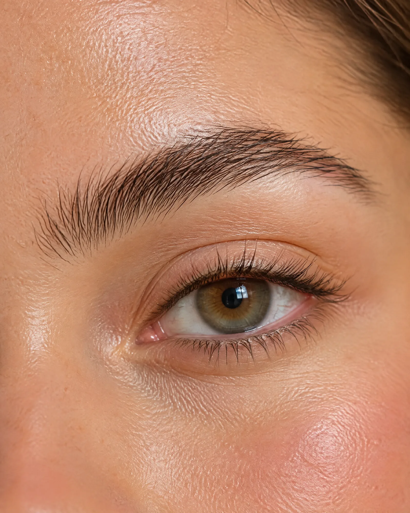 Macro photo of a full, natural eyebrow with dewy skin