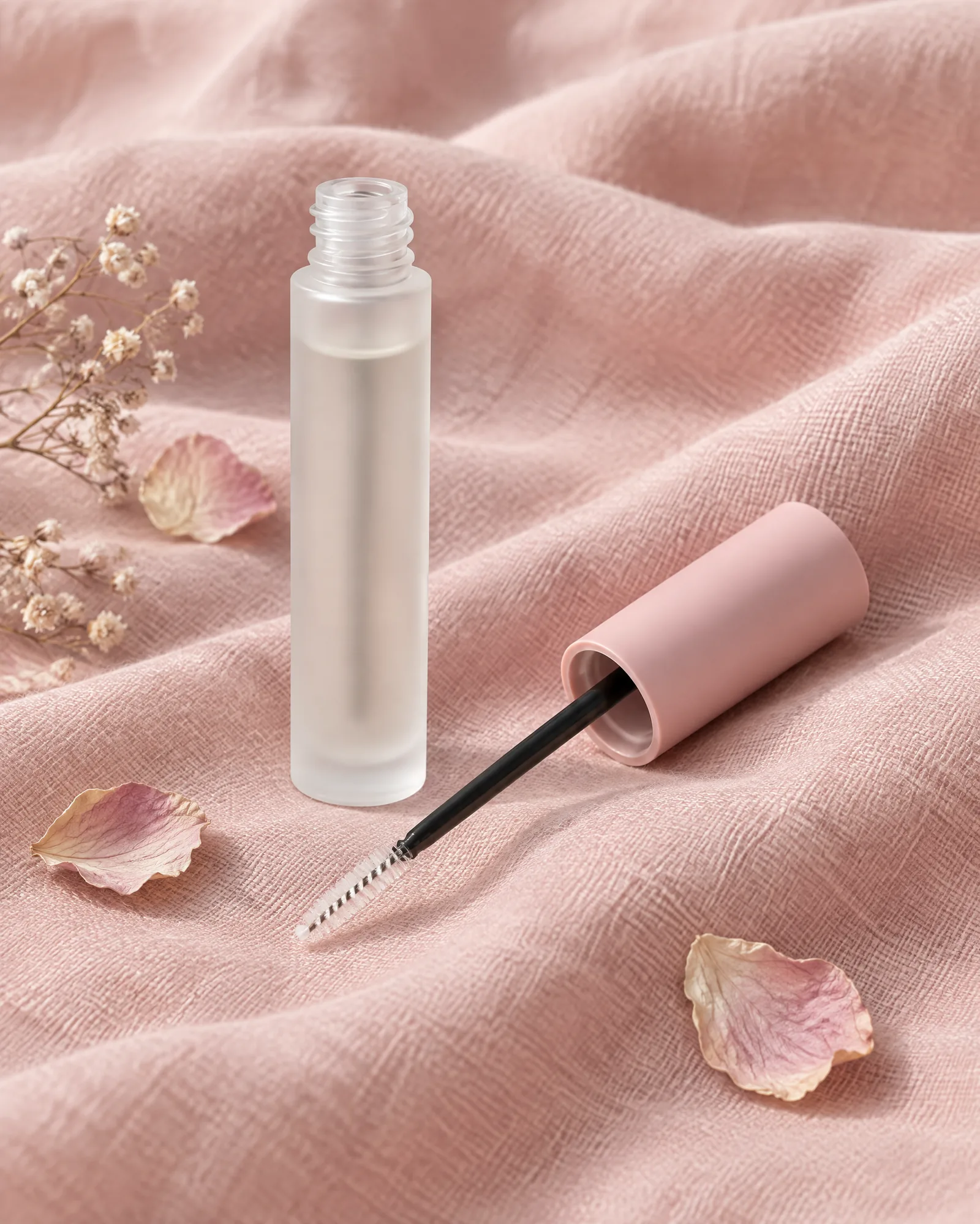 A frosted-glass brow serum tube with a blush cap on pink linen