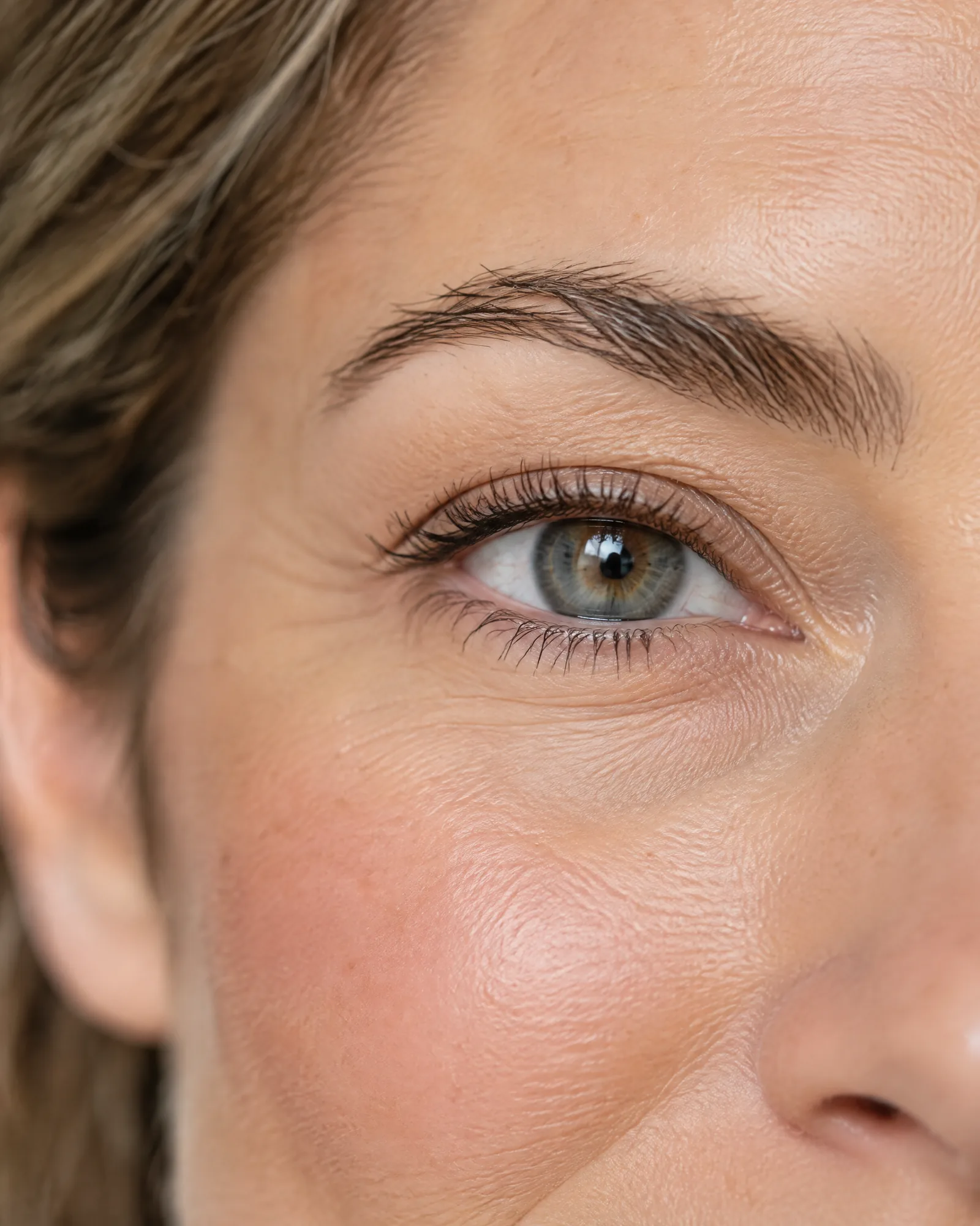 Close-up of the eye and natural eyebrow of a woman in her forties