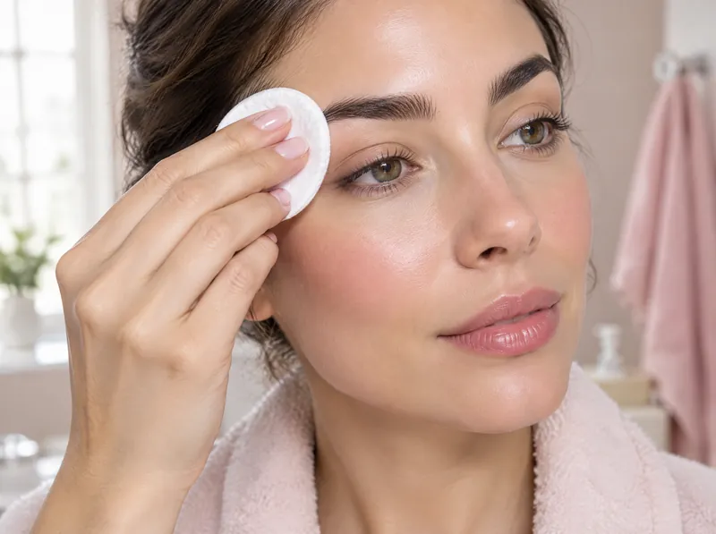 Step one: a woman cleansing her eyebrow with a cotton pad