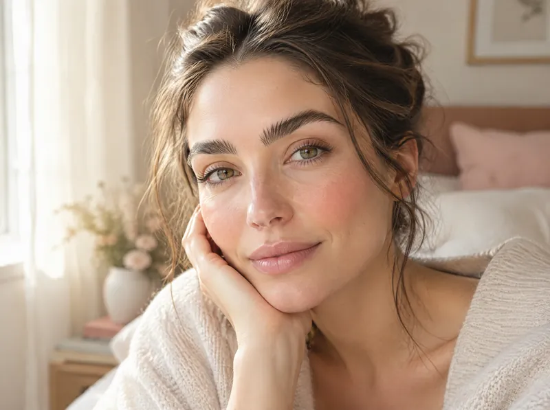 Step three: a woman with full, brushed-up brows in morning light